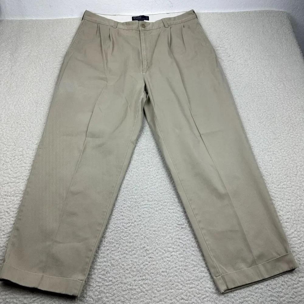 Polo Ralph Lauren Hammond Chino‎ Pants Men's 38X27 Beige Pleated Straight Cuffed